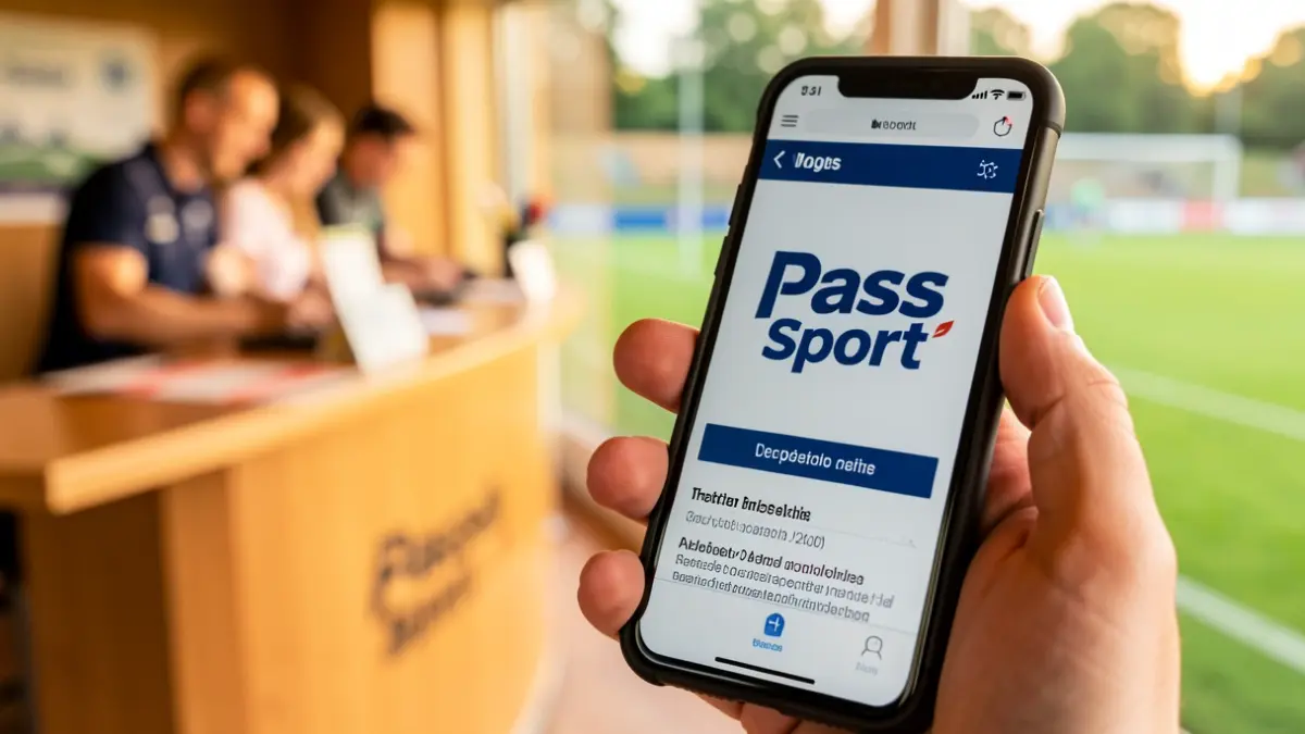 Generic image of a hand holding a smartphone displaying the Pass Sport logo.