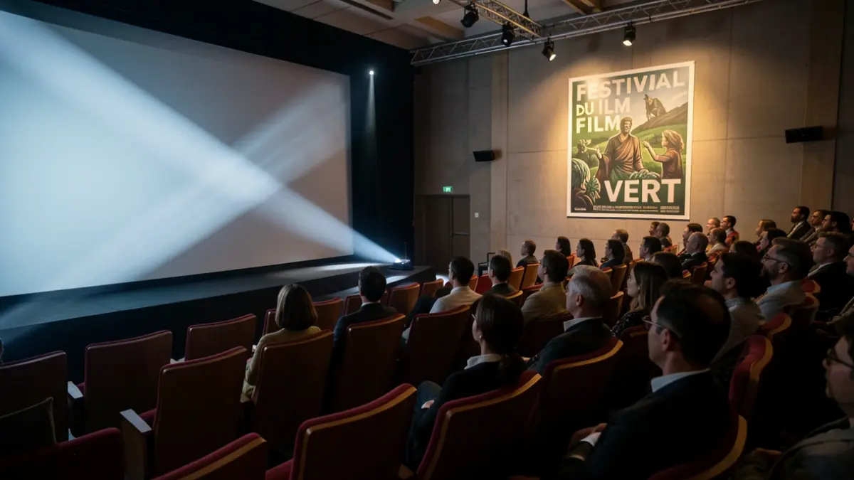Screening room for the Green Film Festival with a beam of light.