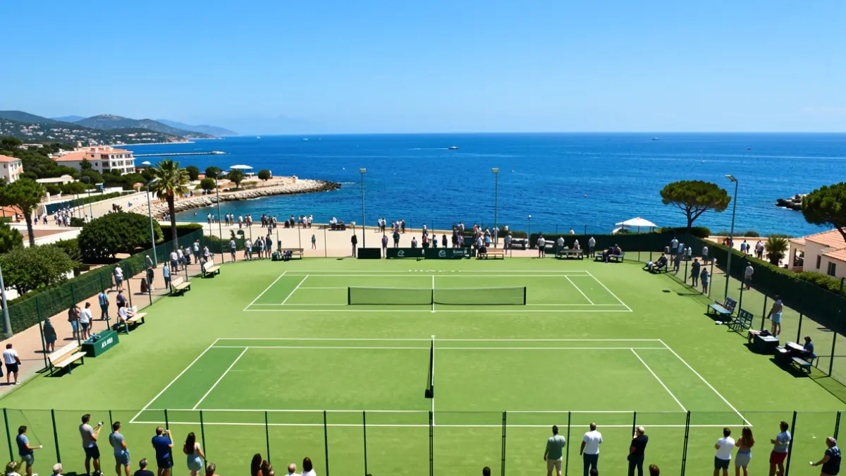 Vue aérienne des courts du Tennis Club de Saint-Tropez avec la mer Méditerranée en arrière-plan.