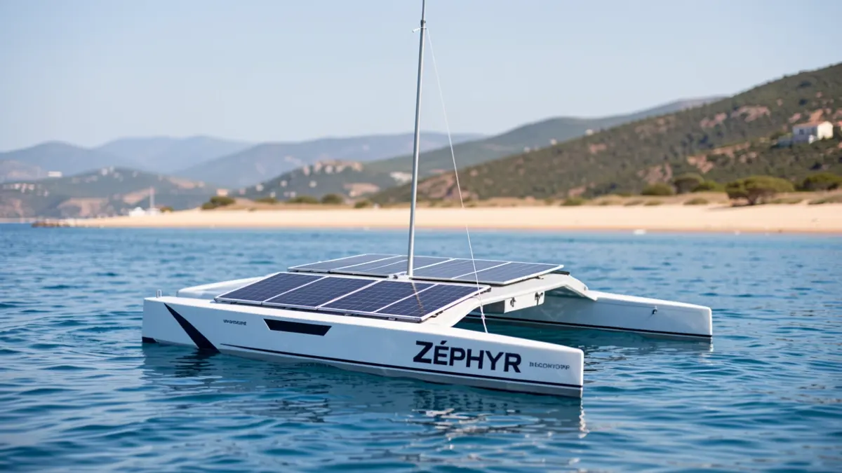 The autonomous trimaran Zéphyr during its first launch on Carqueiranne beach.