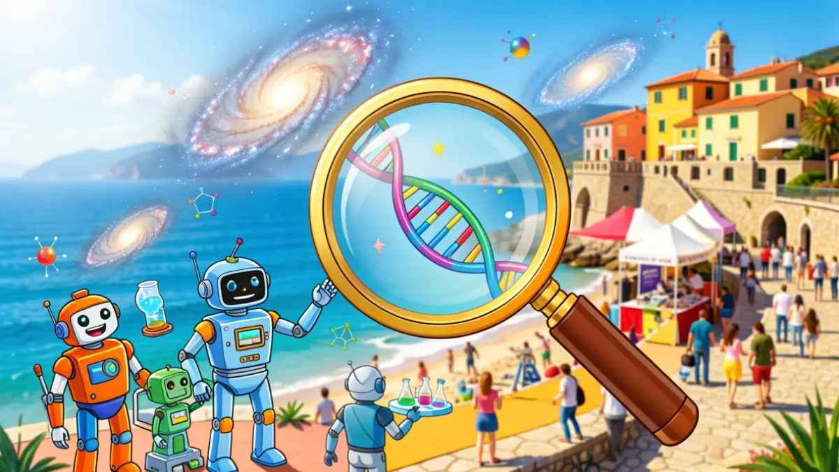 Generic image of a science festival with robots, galaxies, and a magnifying glass examining a DNA molecule, set against a Mediterranean coast background.