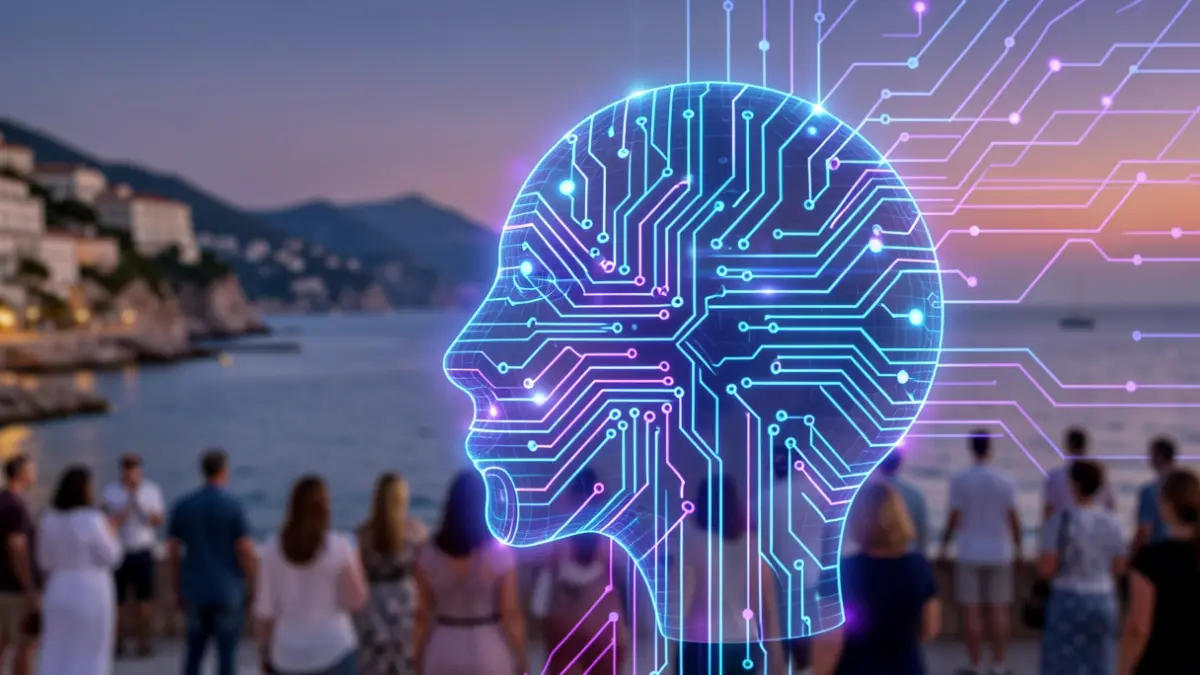 Représentation abstraite de l'intelligence artificielle avec des circuits lumineux sur fond de littoral de la Côte d'Azur au crépuscule.