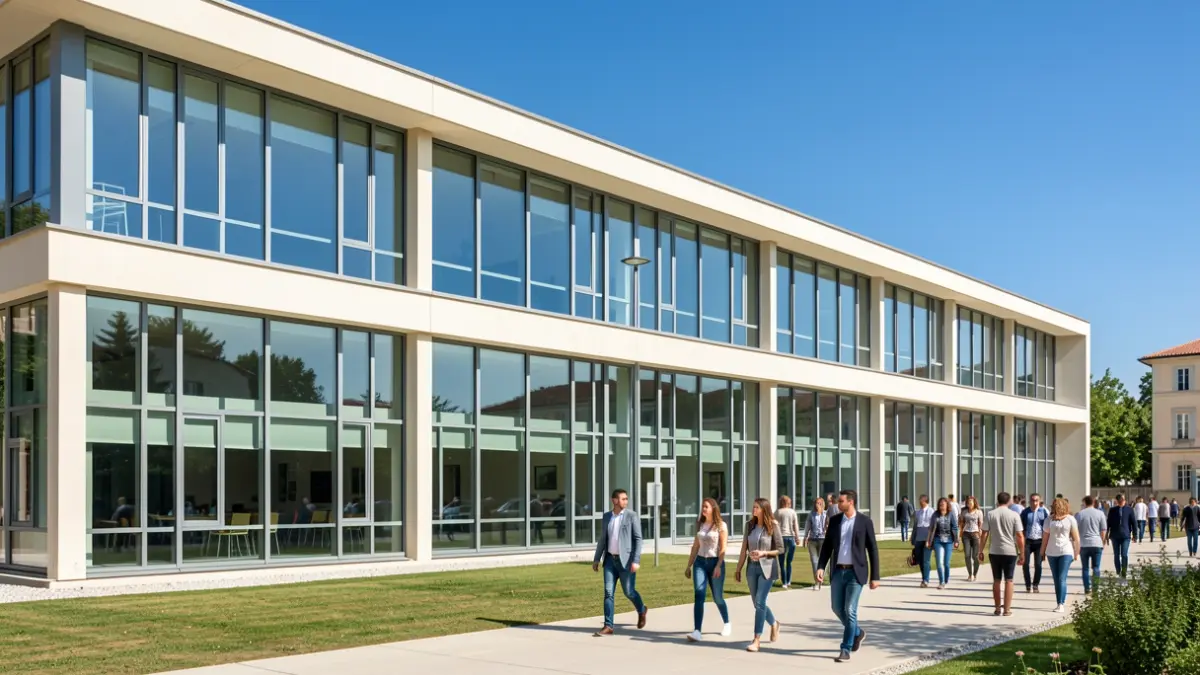 Exterior view of the National Higher School of Architecture of Marseille (ensa•m) on a sunny day.