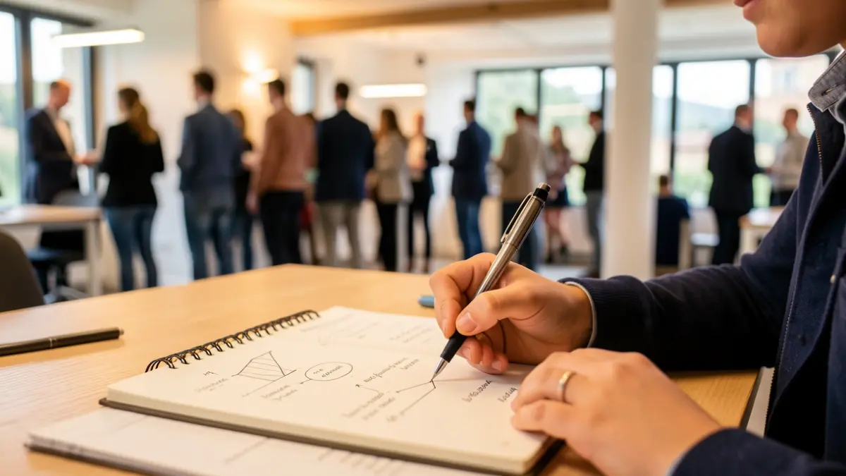 Gros plan sur des mains de jeune esquissant un plan d'affaires sur un carnet, avec un arrière-plan flou d'un espace de bureau moderne en Provence-Alpes-Côte d'Azur, lumière ambiante chaude, faible profondeur de champ.
