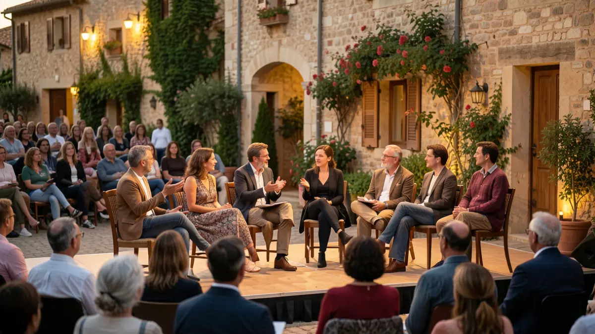 Generic image of people discussing on a stage in a Mediterranean setting.