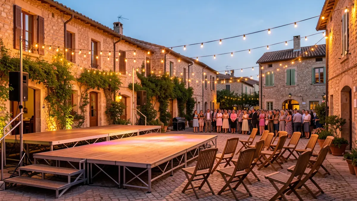 Outdoor talent show stage in a Provençal village at dusk.