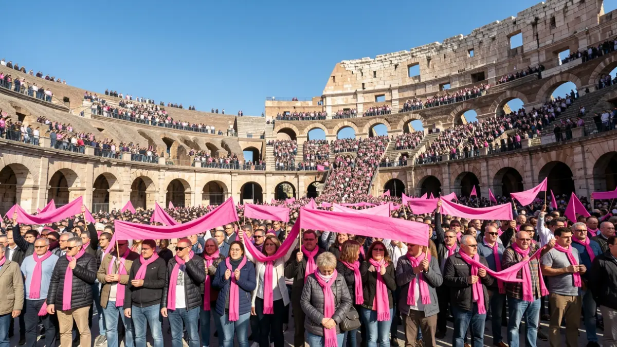 Foule manifestant avec des foulards roses dans un théâtre antique.