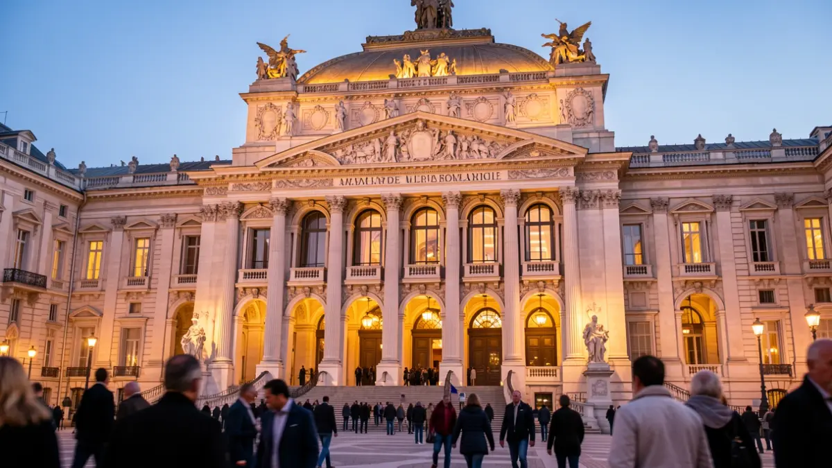 Façade de l'Opéra de Marseille illuminée le soir.