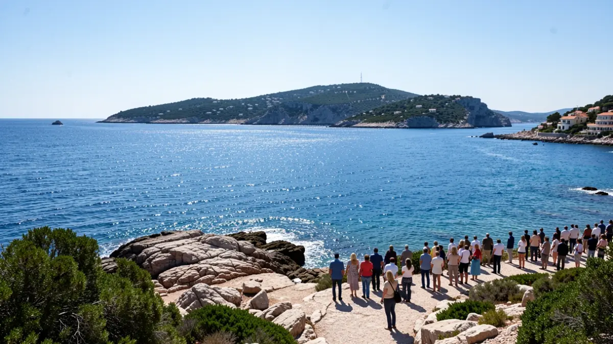 Vue de la côte méditerranéenne avec l'île de Port-Cros au loin, ciel bleu clair, soleil éclatant.