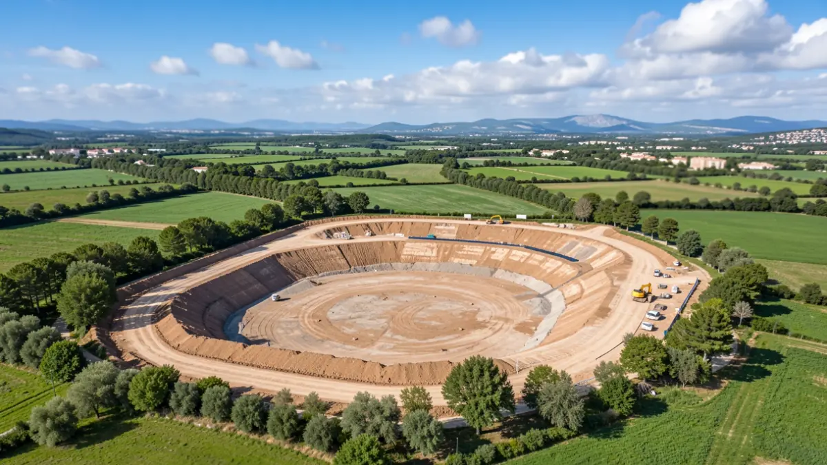 Aerial view of a large stormwater retention basin under construction between Cannes and Le Cannet, in the Alpes-Maritimes.
