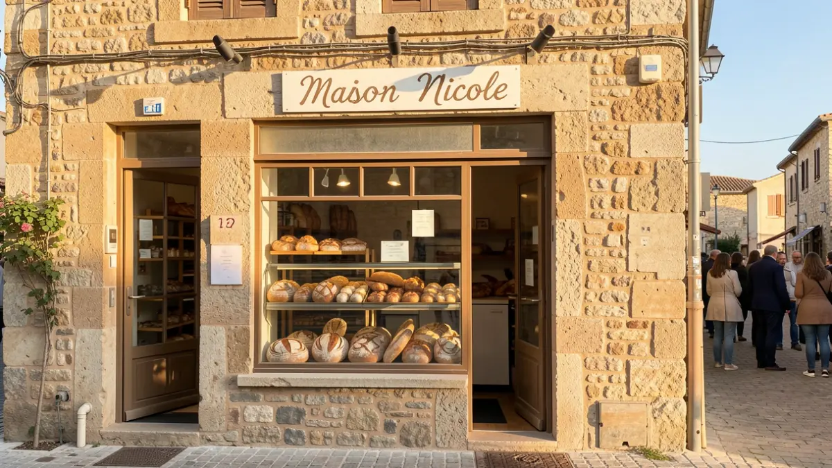 Facade of the Maison Nicole bakery in Berre-l'Étang, showcasing its artisanal breads and pastries under the Provençal sun.
