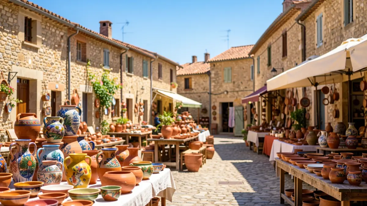 Marché potier dans un village provençal typique avec des céramiques exposées.
