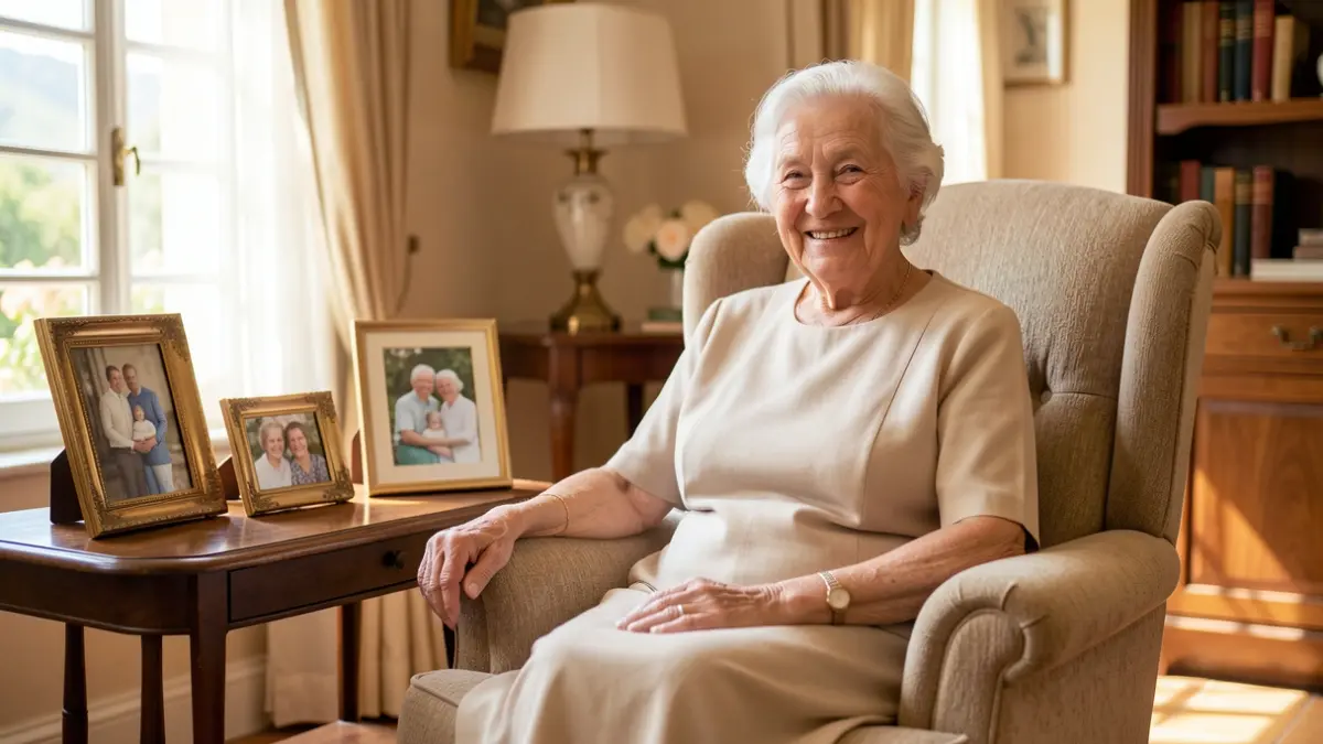 Image générique d'une femme centenaire souriante dans un salon ensoleillé, entourée de photos de famille.