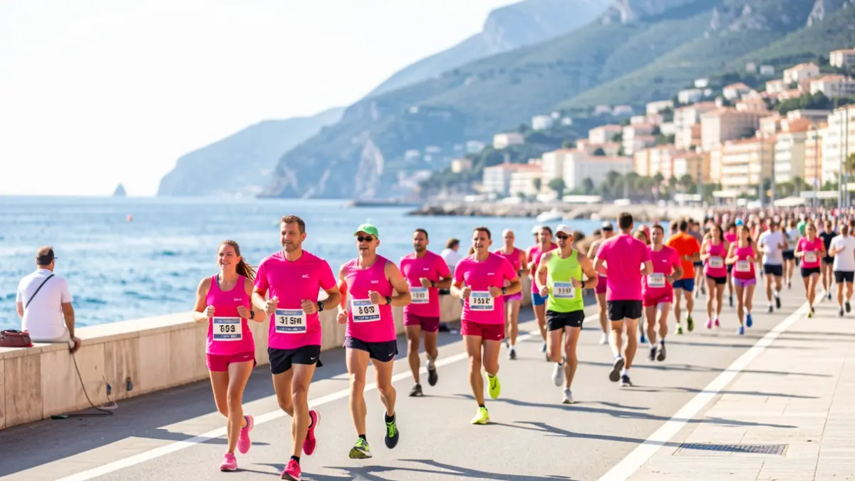 Generic image of the 'Défi Rose' race in Menton, with participants in pink on the seafront.