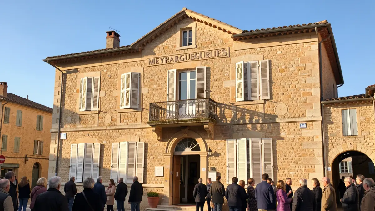 Facade of the Meyrargues town hall, a stone building with a traditional Provençal architectural style, featuring an ornate balcony and shutters. Warm afternoon sunlight illuminates the building, casting soft shadows. Blue sky overhead. Documentary photography style.