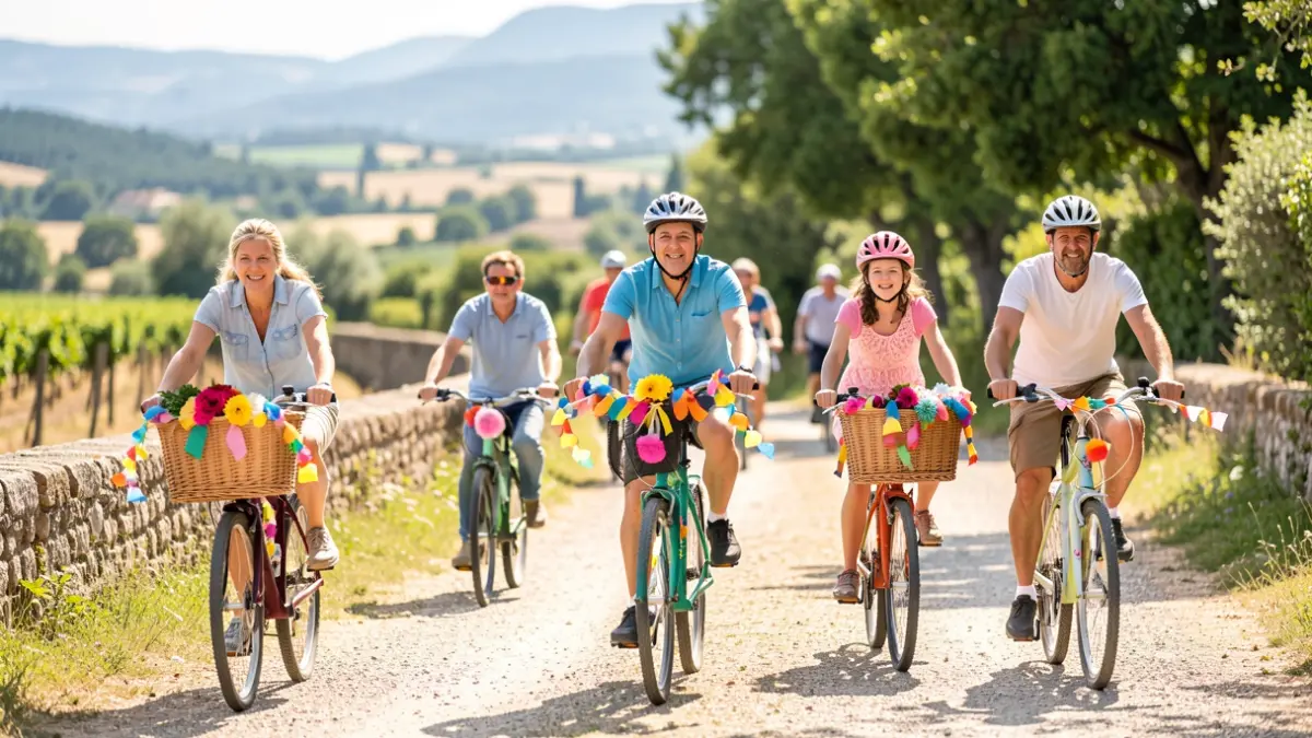 Image générique d'une fête du vélo en Provence avec des participants joyeux et des vélos décorés.