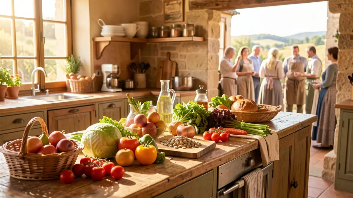 Image générique d'une cuisine provençale chaleureuse avec des ingrédients frais.
