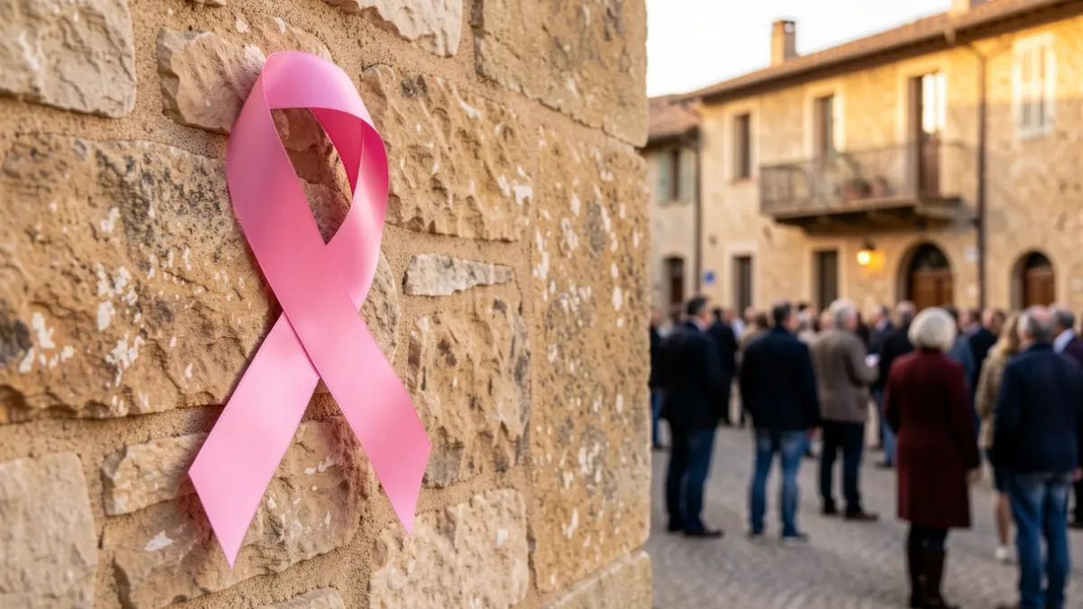 Symbole du ruban rose sur un mur de pierre à Malaucène, Provence-Alpes-Côte d'Azur.