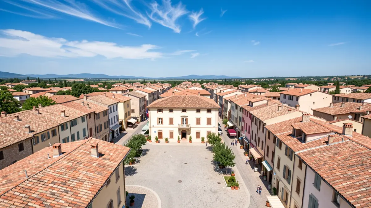 Vue aérienne d'une place de village provençal sous un ciel bleu.