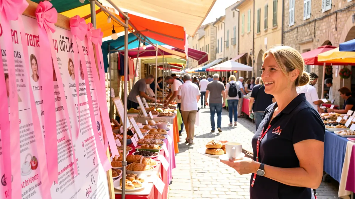 Image générique d'un marché provençal animé avec un stand de prévention Octobre Rose.