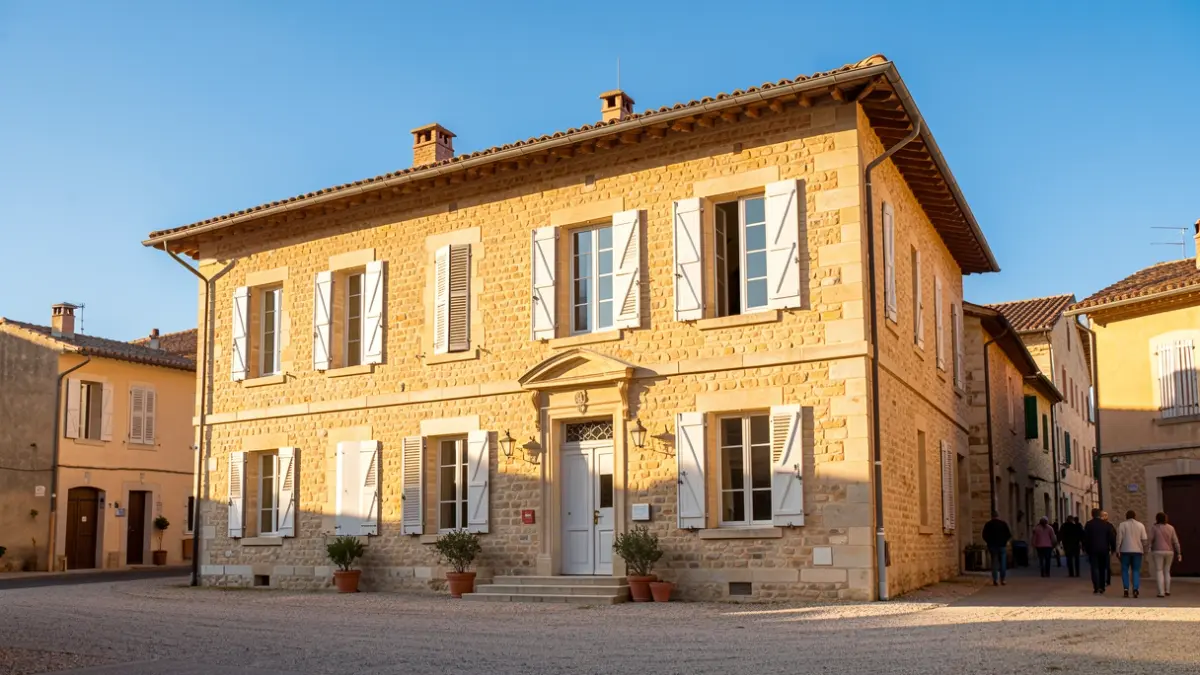 Facade of the Peynier Town Hall, a typical Provençal stone building under a blue sky and afternoon sun.