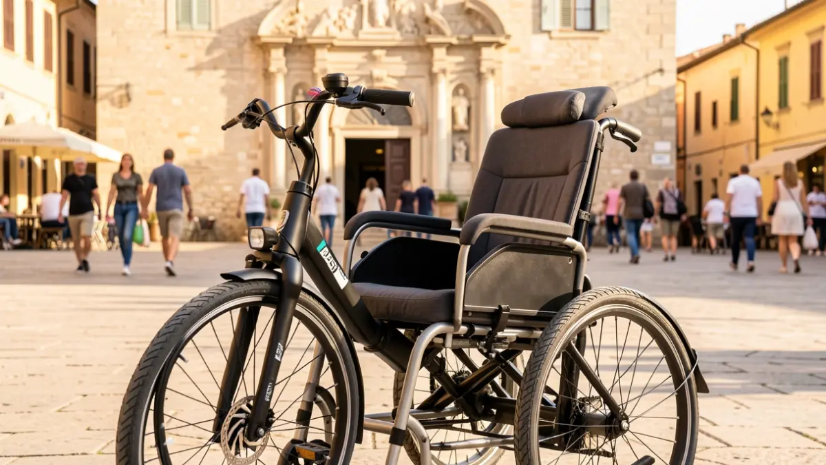 Vélo triporteur électrique adapté pour personnes à mobilité réduite, devant une mairie ensoleillée.