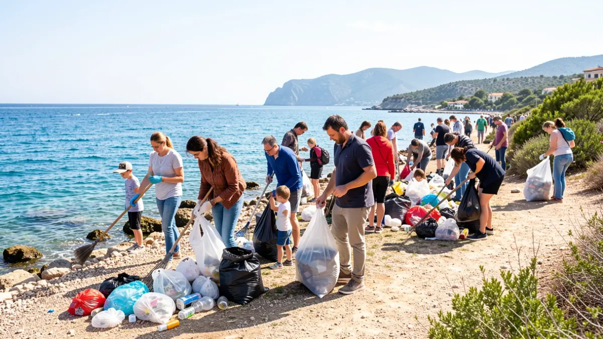 Image générique de volontaires ramassant des déchets sur une plage méditerranéenne.
