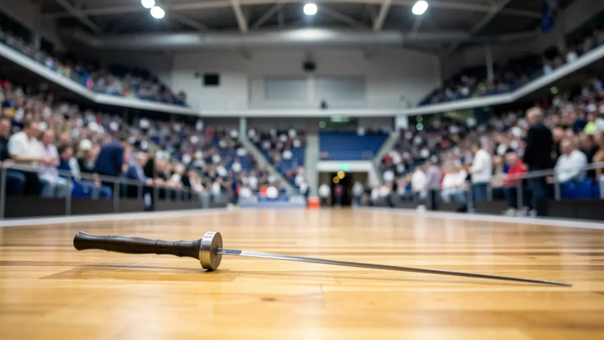 Generic image of an empty fencing piste with a foil on the floor.