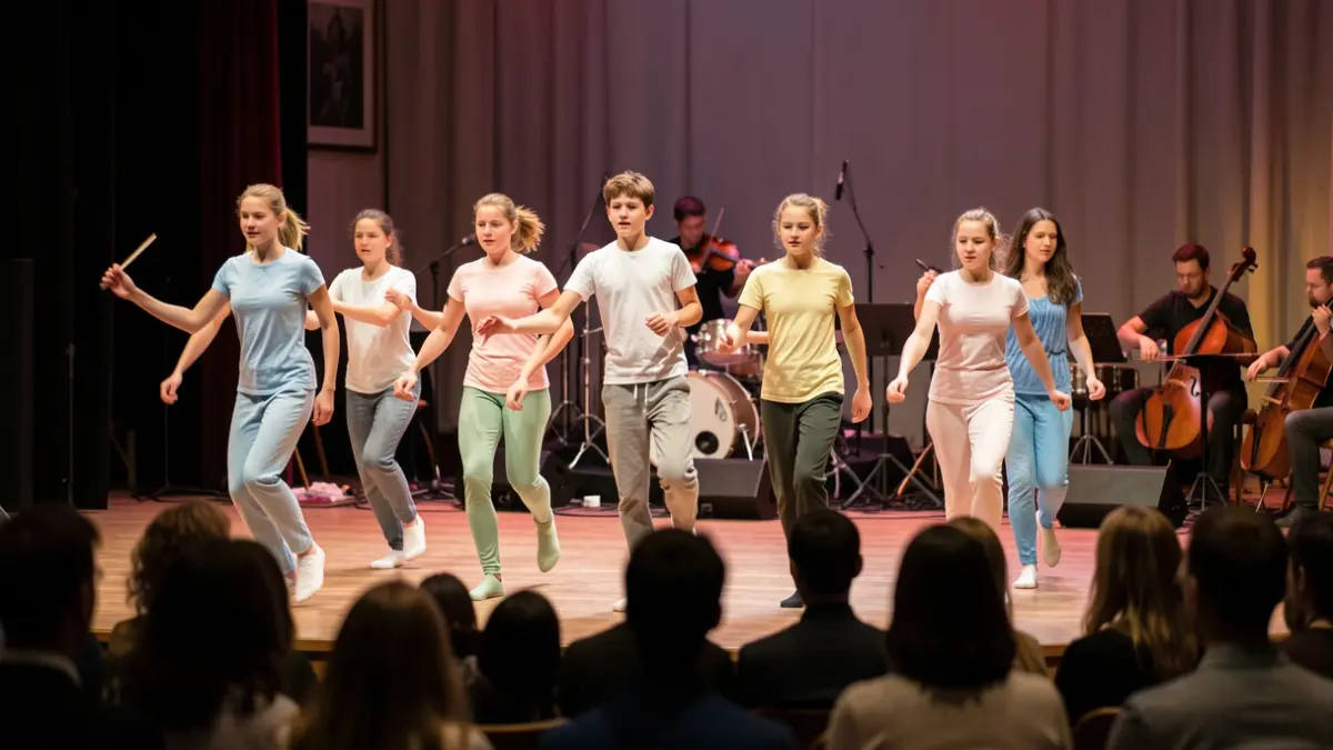 Generic image of dancers rehearsing with musicians and audience.