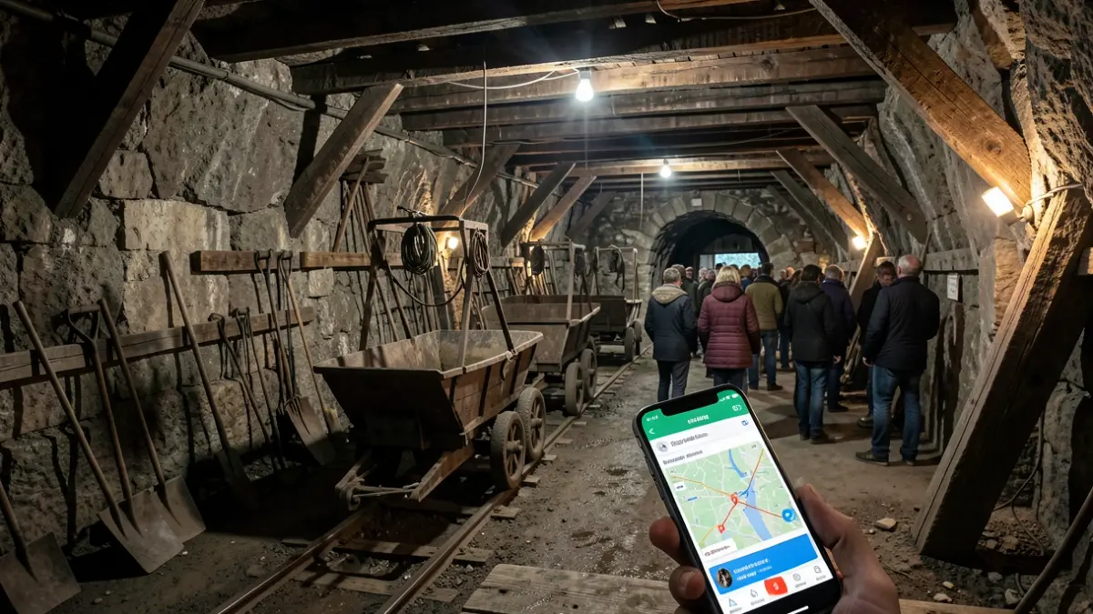 Visite guidée de la Mine de Cap Garonne avec un smartphone, intérieur sombre et frais.