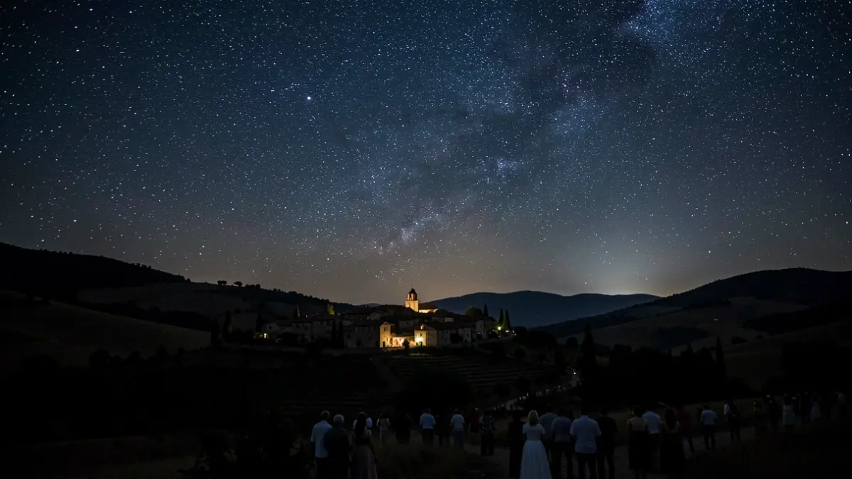 Ciel nocturne étoilé au-dessus d'un village provençal.