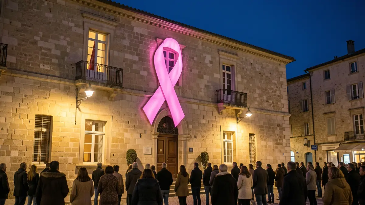 L'hôtel de ville de Saint-Étienne-du-Grès illuminé en rose pour Octobre Rose.