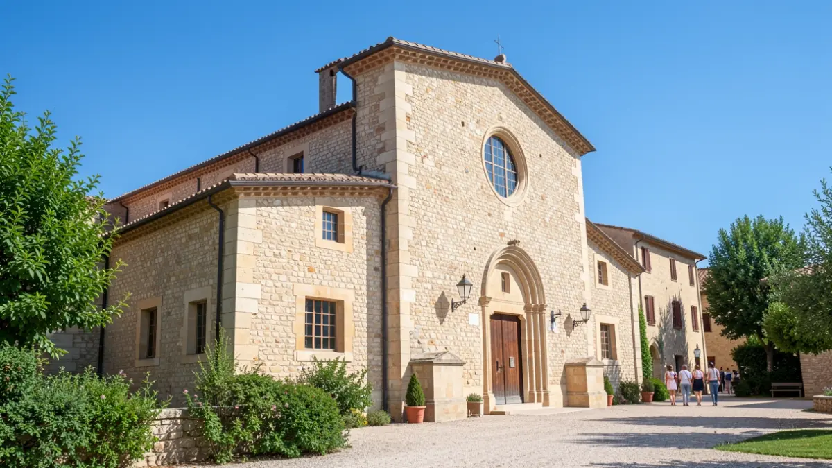Façade d'une mairie en pierre dans le sud de la France, sous un ciel bleu.