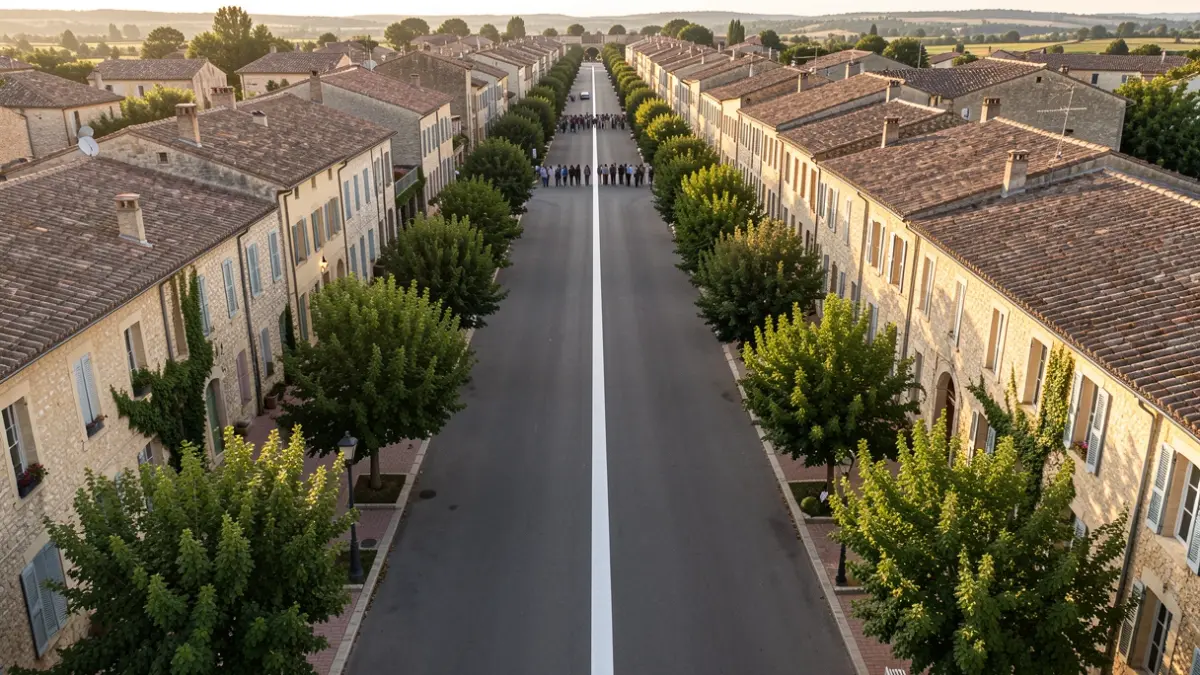 Aerial view of a wide central avenue in a historic Provençal town with a new central white line.