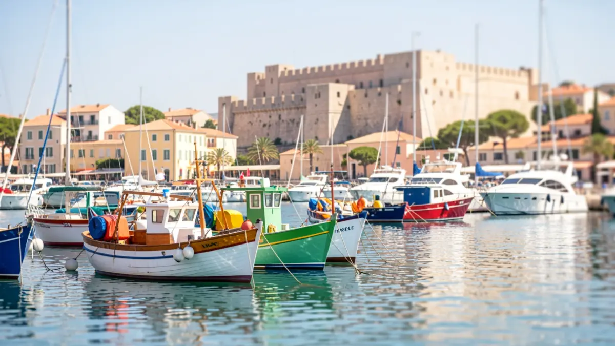 View of the Saint-Tropez harbor with fishing boats and yachts, under a Mediterranean sun.