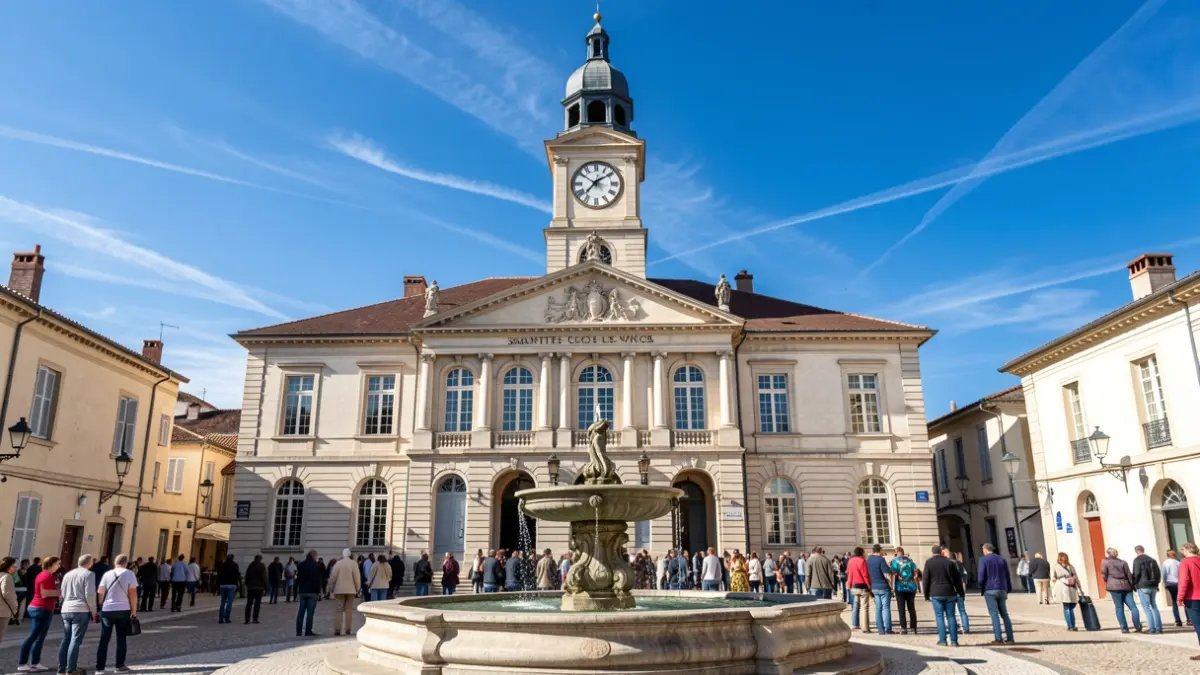 Facade of the Sainte-Cécile-les-Vignes town hall with its fountain.