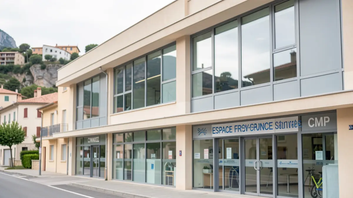Image of a modern medical-psychological center (CMP) in La Trinité, Alpes-Maritimes, integrated into a public service building.