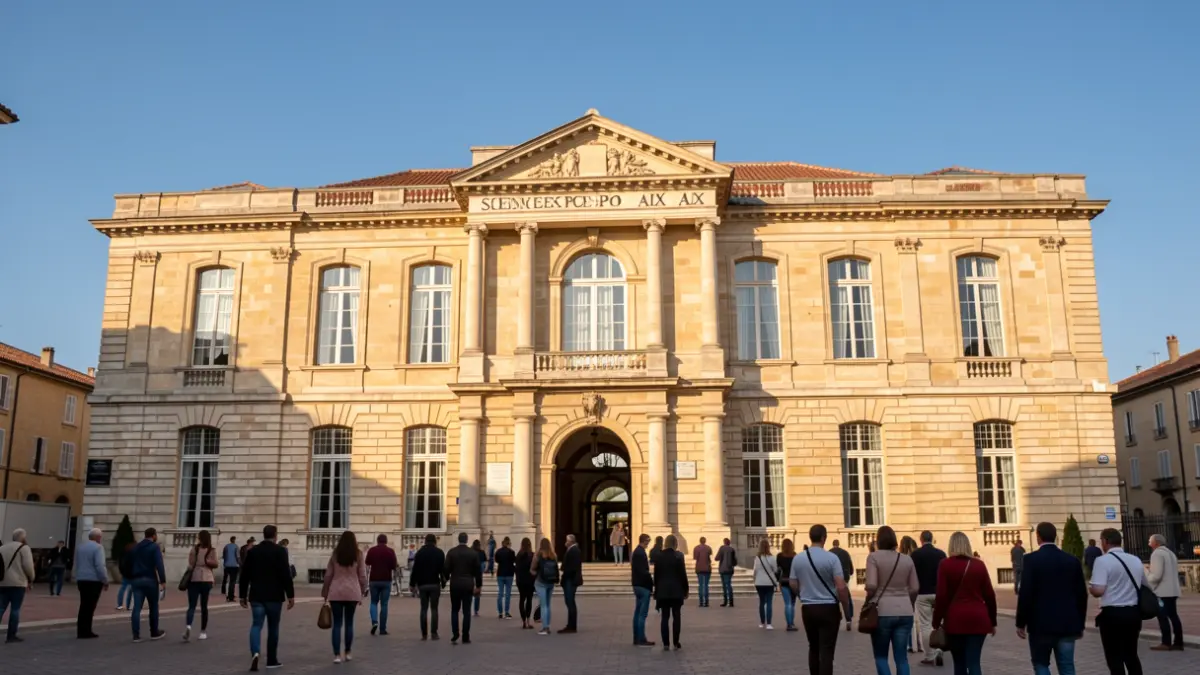Façade de Sciences Po Aix, un bâtiment historique en pierre sous un ciel bleu méditerranéen.