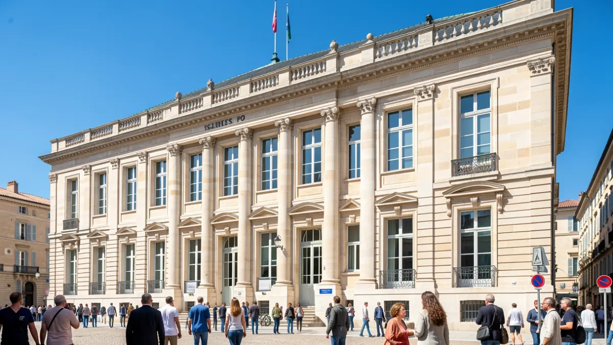 Façade de Sciences Po Aix, un bâtiment historique en pierre sous un ciel bleu.