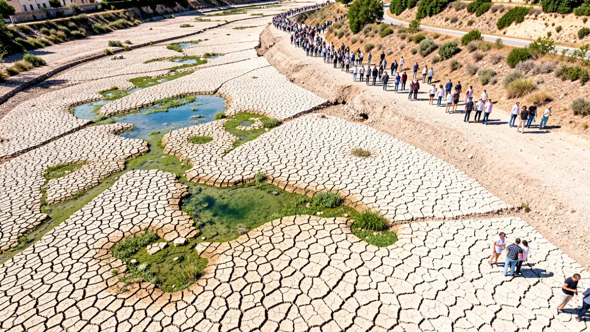 Vue aérienne d'un lit de rivière asséché dans le Vaucluse, terre craquelée sous un soleil intense.