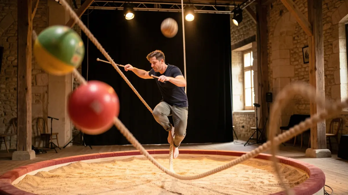 Contemporary circus artist performing on a soft rope with blurred juggling balls.