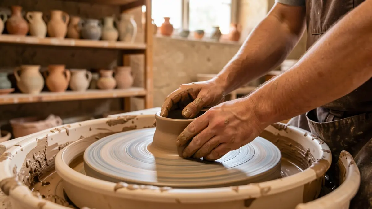 Image générique d'un atelier de poterie avec des mains travaillant l'argile sur un tour.