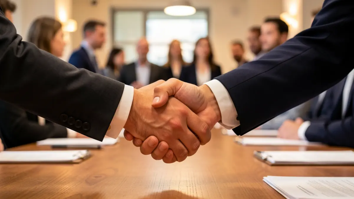 Poignée de main entre deux personnes en tenue d'affaires, symbolisant un accord.