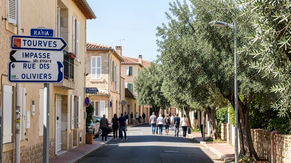 Generic image of streets in Tourves with street signs and trees.