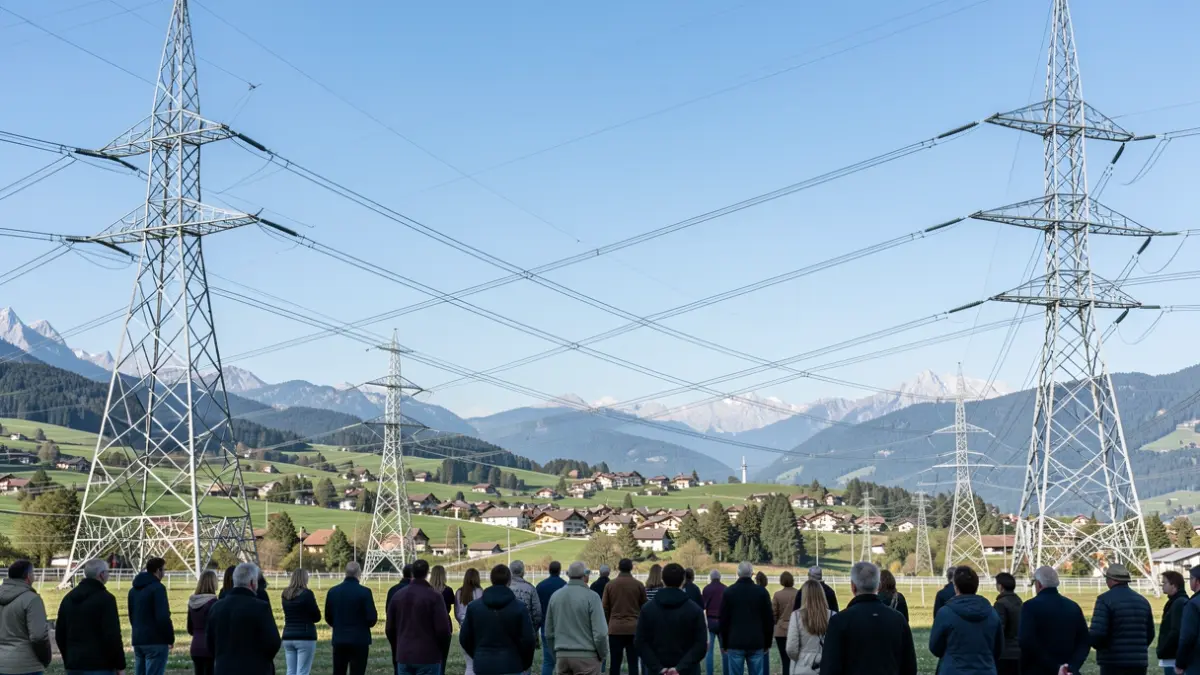 Image générique de lignes électriques et de pylônes dans le ciel bleu, avec une ville en arrière-plan.
