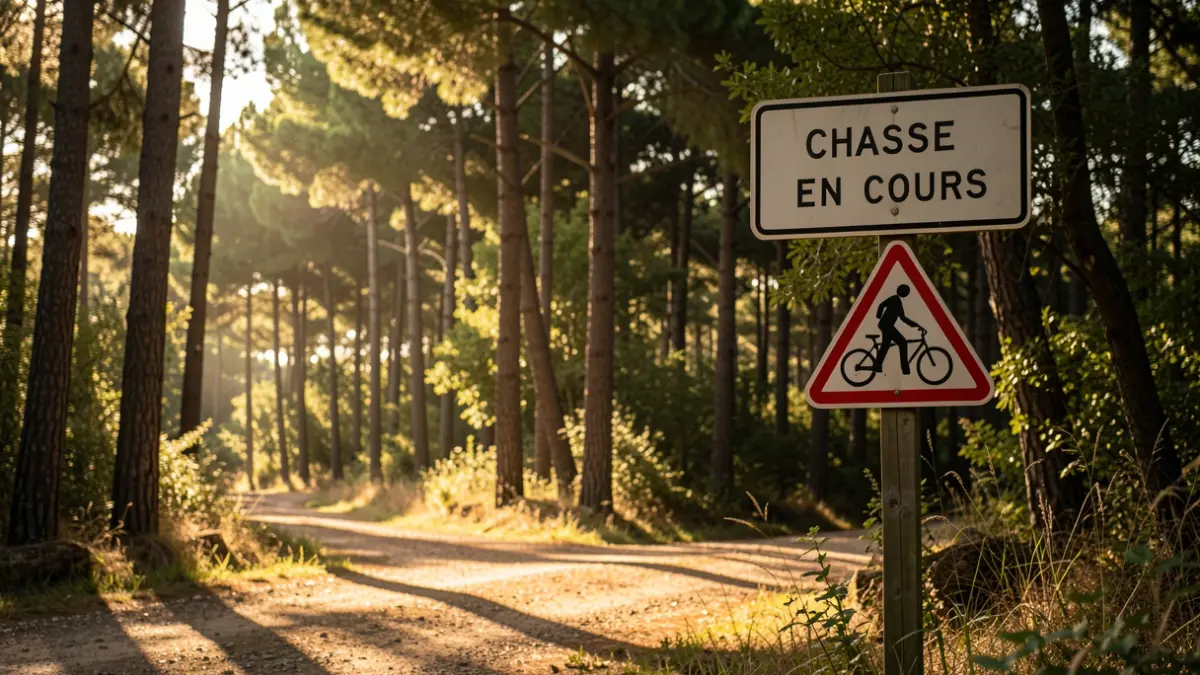 Signalisation de battue de chasse en cours en forêt à Vernègues, avec un panneau d'avertissement pour les promeneurs.