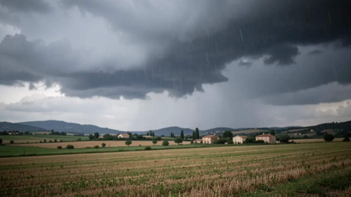 Ciel d'orage menaçant sur un paysage rural de Provence-Alpes-Côte d'Azur avec de fortes pluies.