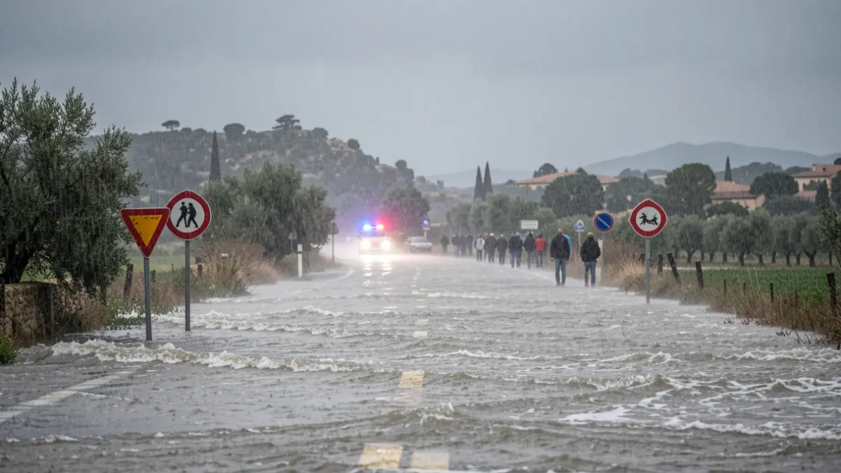Pluie-inondation dans les Bouches-du-Rhône, avec une route partiellement inondée et des lumières d'urgence.