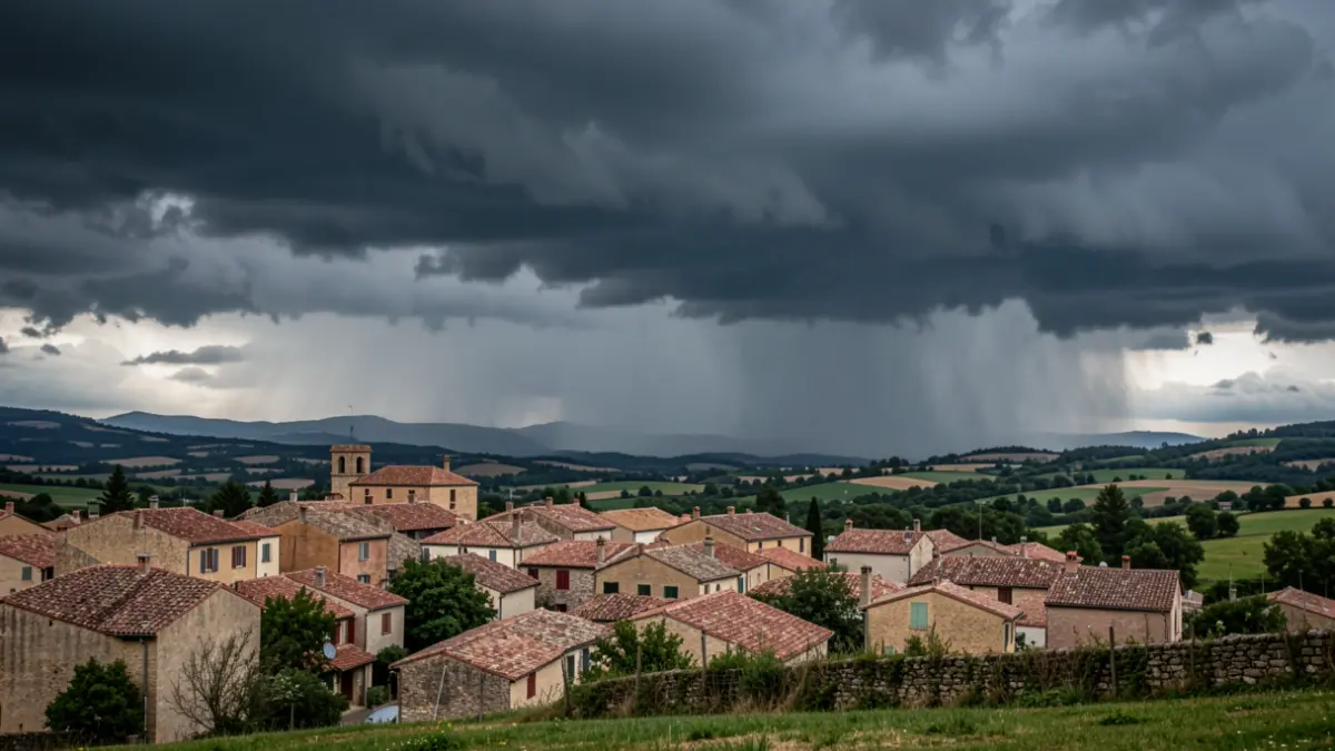 Stormy sky over the village of Vernègues, with heavy rain.