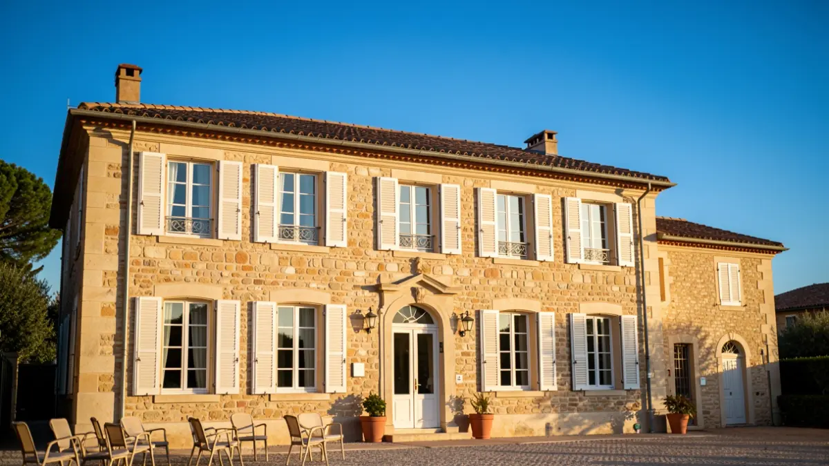 Facade of the Museum of History and Art in Villeneuve-Loubet, a stone building bathed in Mediterranean sunlight.